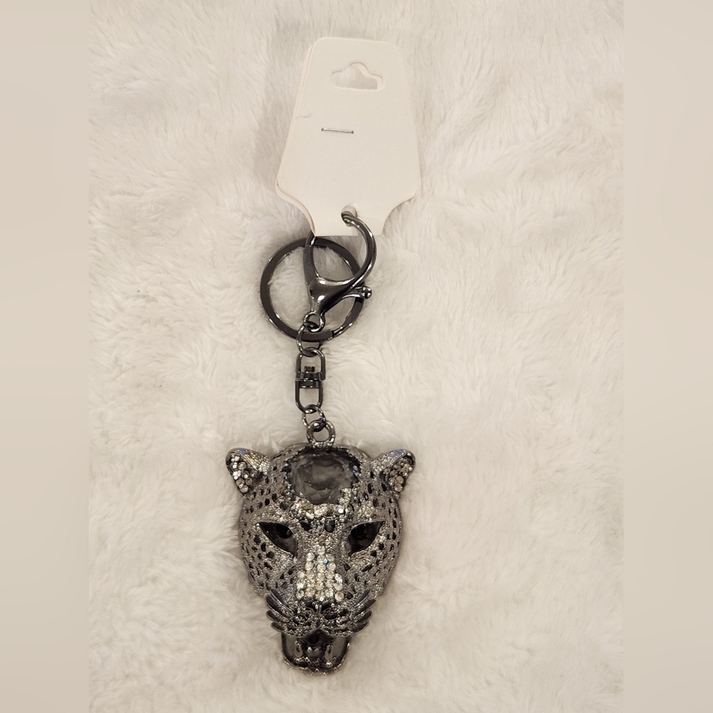 Silver Rhinestone Leopard Keychain Bag Charm